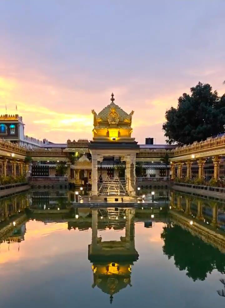 Sri Raghavendra Swamy Matha temple at sunset with Tungabhadra reflection, Mantralayam