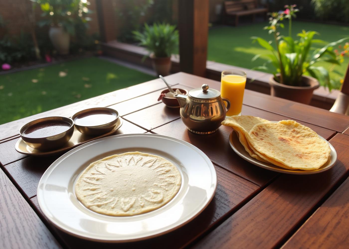 Sattvic South Indian breakfast served in the courtyard